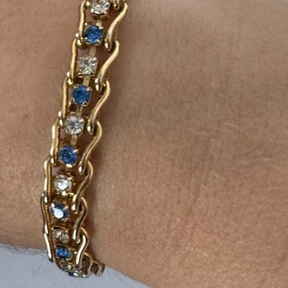 Blue White Rhinestones Tennis Bracelet Gold-Tone Fashion Jewelry - Picture 9 of 10
